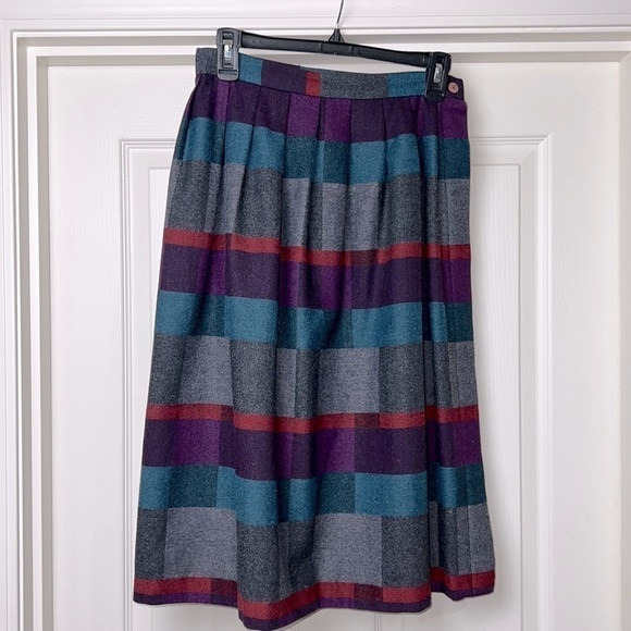 Vintage Victoire Petites Wool Pleated Plaid Midi Skirt - Size 10 - Picture 2 of 8
